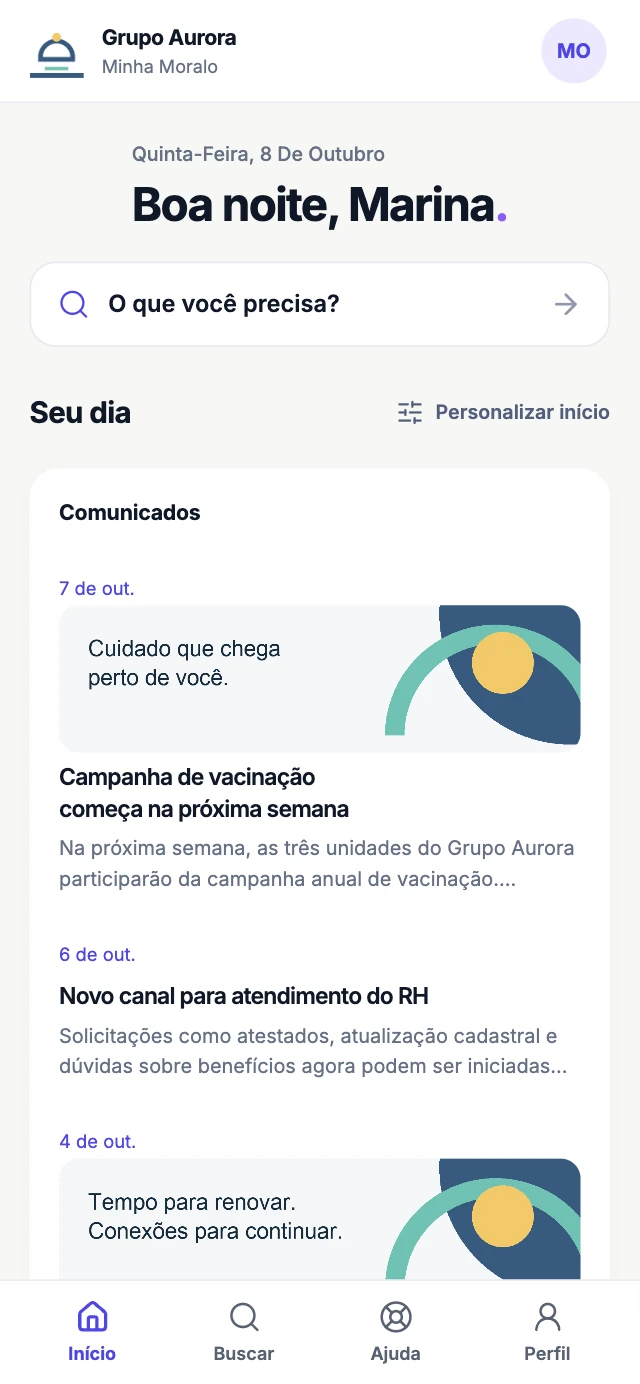 Home real do Grupo Aurora na Moralo, com comunicados, acessos e widgets