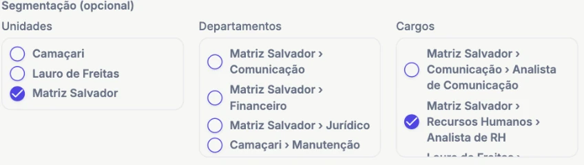 Seleção real de unidade, departamento e cargo para um comunicado do Grupo Aurora